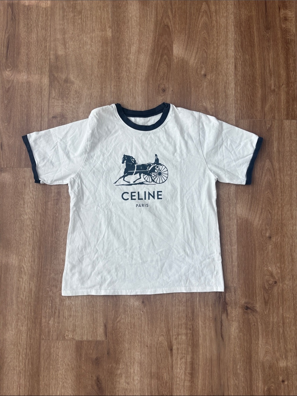 Celine White Tee with Navy Logo size small